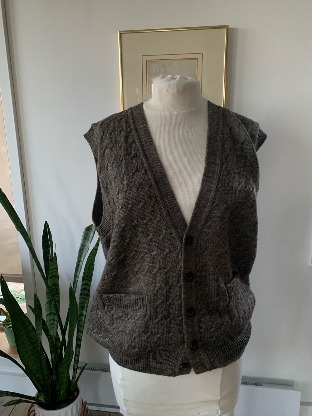 Cable-Knit Button Cardigan Vest | Charcoal Brown | VINTAGE grandma grandpacore